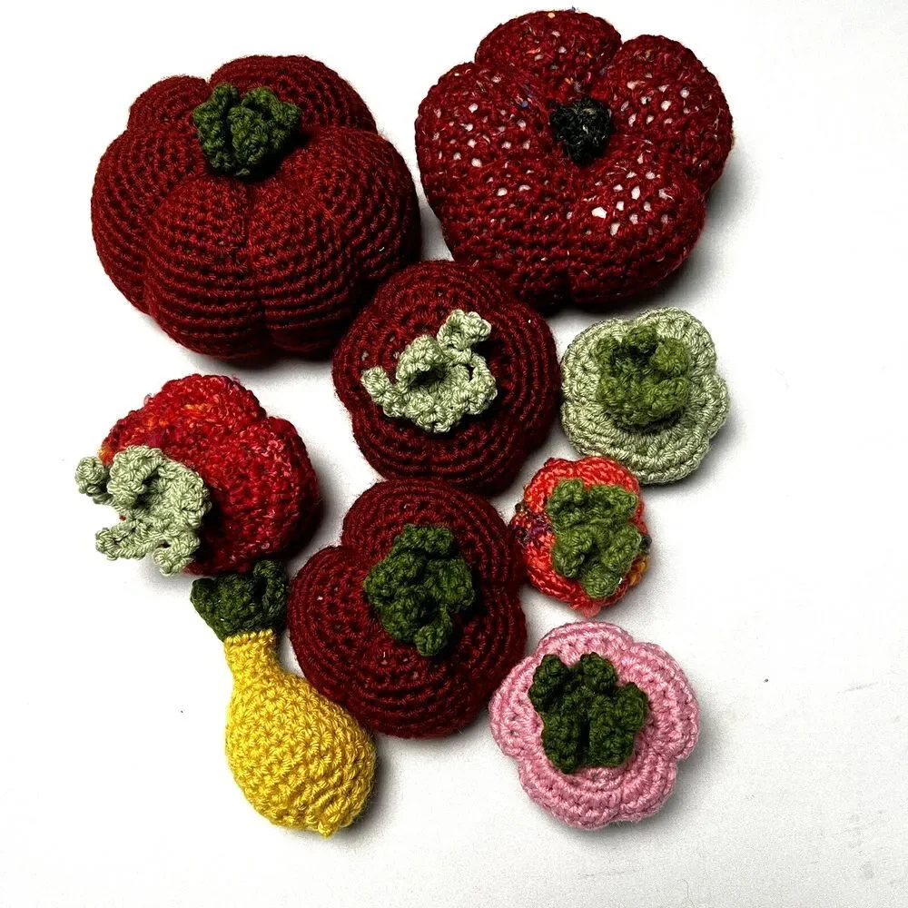 Crochet Fruit Vegetables Hand Made Lot Of 9 Veggies Retro Granny Nostalgic‎